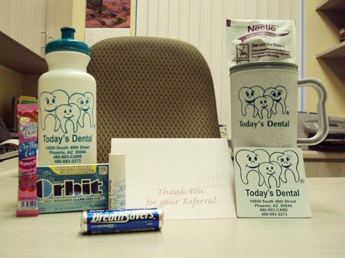 Today’s Dental sends a friendly thank-you kit to patients who refer friends to the practice.