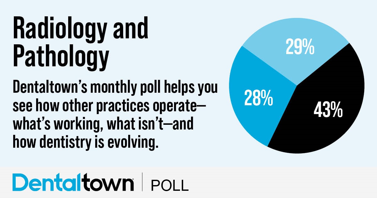 Poll: Radiology and Pathology Dentaltown's monthly dental poll reveals how other practices operate, what works, what doesn’t and how dentistry is evolving. The information we gather each month helps us measure trends in the profession. Take a look at this month’s topic and results on radiology and pathology.