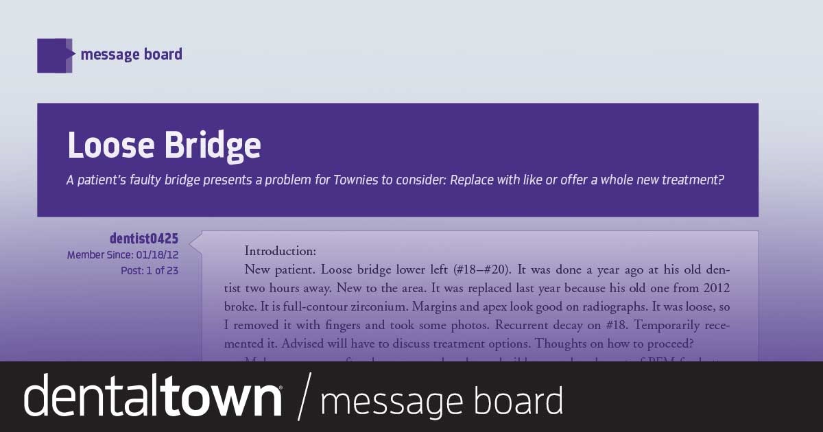 Loose Bridge A patient’s faulty bridge presents a problem for Townies to consider: Replace with like or offer a whole new treatment?